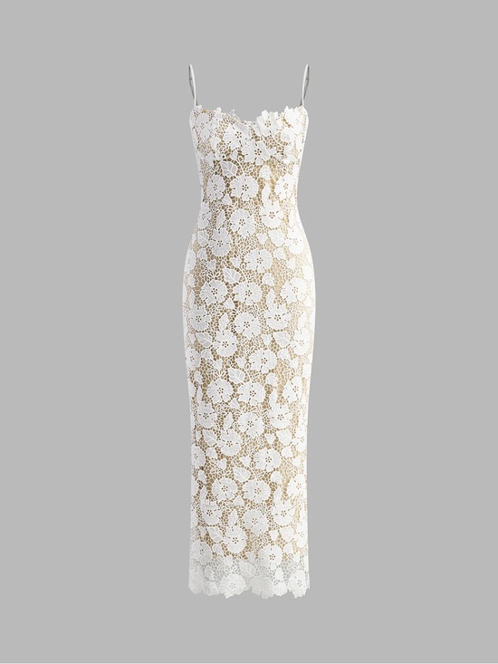 Commense Dresses & Skirts - Commense White Floral Lace Midi Slip Dress with Beige Liner